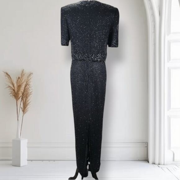 Vintage Beaded Silk Evening Gown Set Black Dress Jacket Size L Formal Gala - Picture 4 of 11